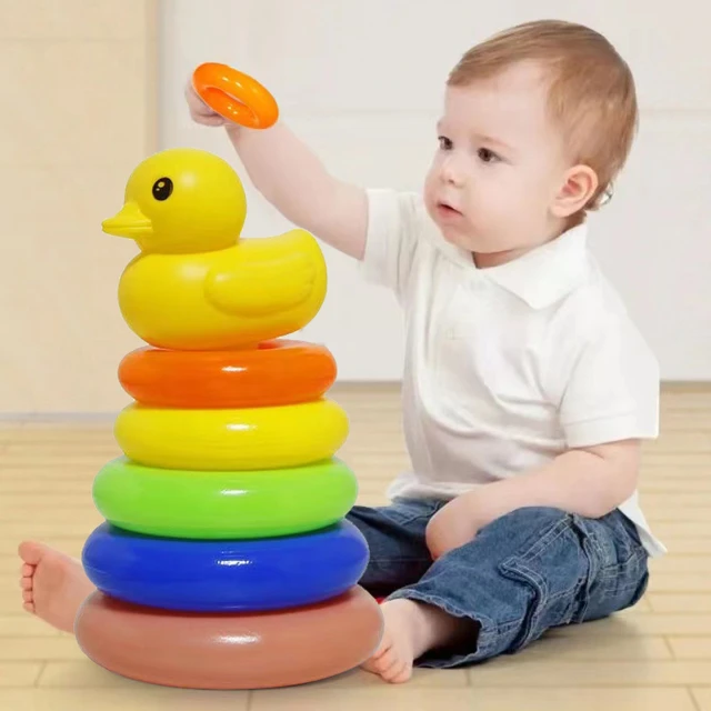 0-3 years old Infant Early Learning Rainbow Stacking Toys Puzzle Development Intelligence Rainbow Tower Set of Rings Yellow Duck 2
