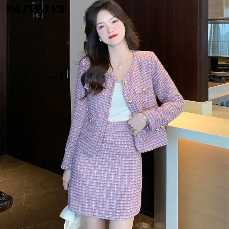 High Quality French Luxury Fashion Sequins Tweed Two Piece Set Women Short  Jacket Coat + Skirt Suits Small Fragrant 2 Piece Sets - AliExpress