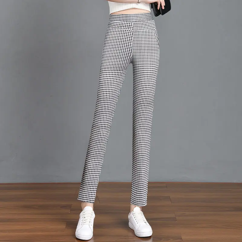Casual All-match Women's Plaid Pencil Pants 2023 Autumn Simplicity Elastic High Waist Skinny Trousers Fashion Female Clothing