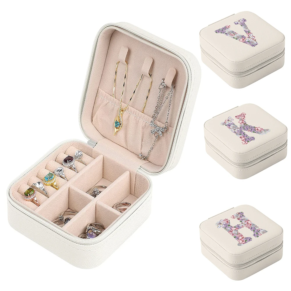 

Portable Jewelry Storage Box Travel Organizer Leather Storage Earrings Necklace Ring Jewelrys Case Rose Flower Lettern Pattern