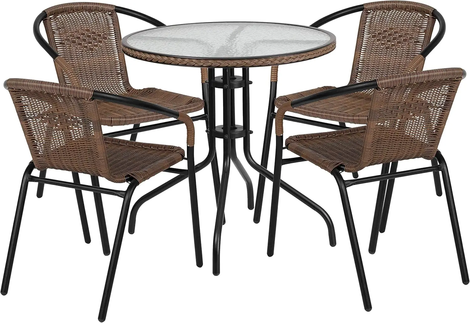 Lila 28'' Round Glass Metal Table with Dark Brown Rattan Edging and 4 Dark Brown Rattan Stack Chairs