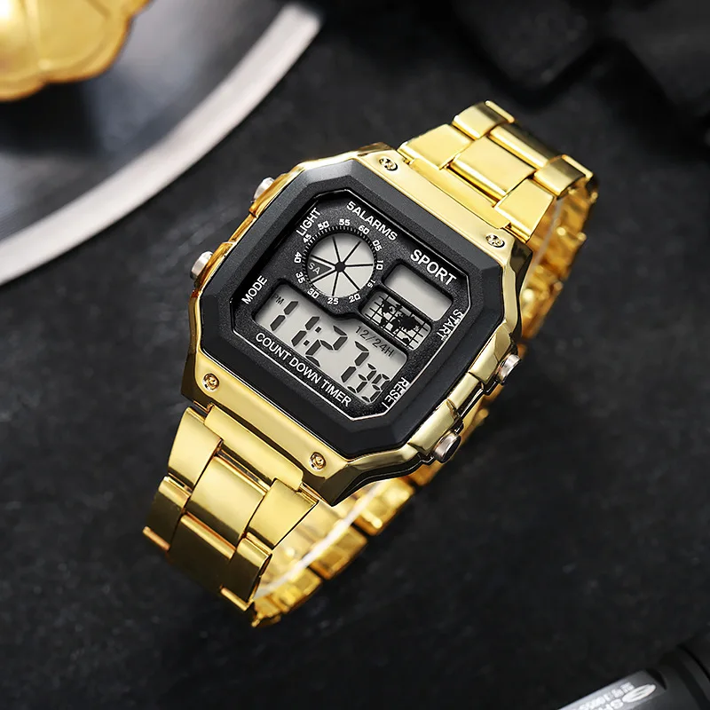 

Men Watches Waterproof LCD Colorful Cold Light Watch Stainless Steel Digital Watch 5 Alarm Clock World Time Fashion Watches