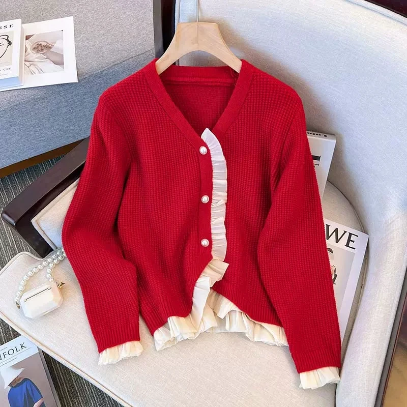 

Large Size Cardigan Knitted Coats Women Clothing 2023 New Spring Autumn Jackets Girls Tops Slim Short Mesh Splice Sweaters bd821