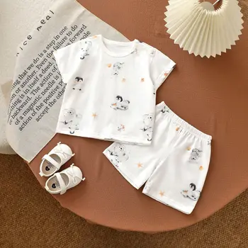 AYNIGIELL طقم أطفال من القطن الخالص طقم صيفي رقيق من 0 إلى 4 ملابس منزلية بقلنسوة للأولاد والبنات طقم مكون من قطعتين 4