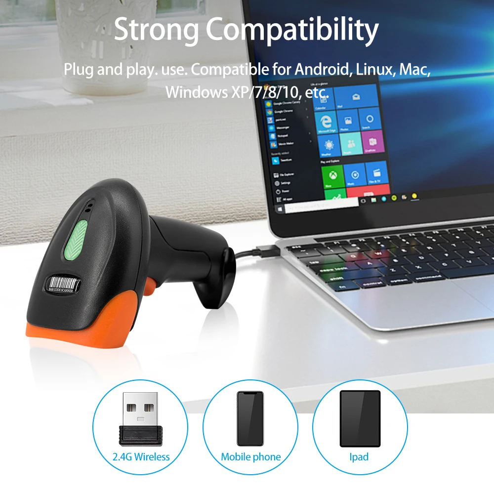 Handheld 1D/2D/QR Barcode Scanner BT+2.4G Wireless USB Wired Bar Code Reader Manual / Continuous Scanning CMOS Image Sensor