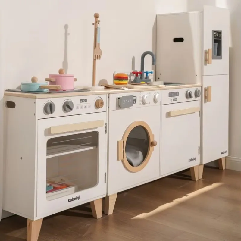 CPC CE EN71 Wooden Play Kitchen Microwave Fridge Washing Machine with Lights & Sounds Christmas Gift for Kids