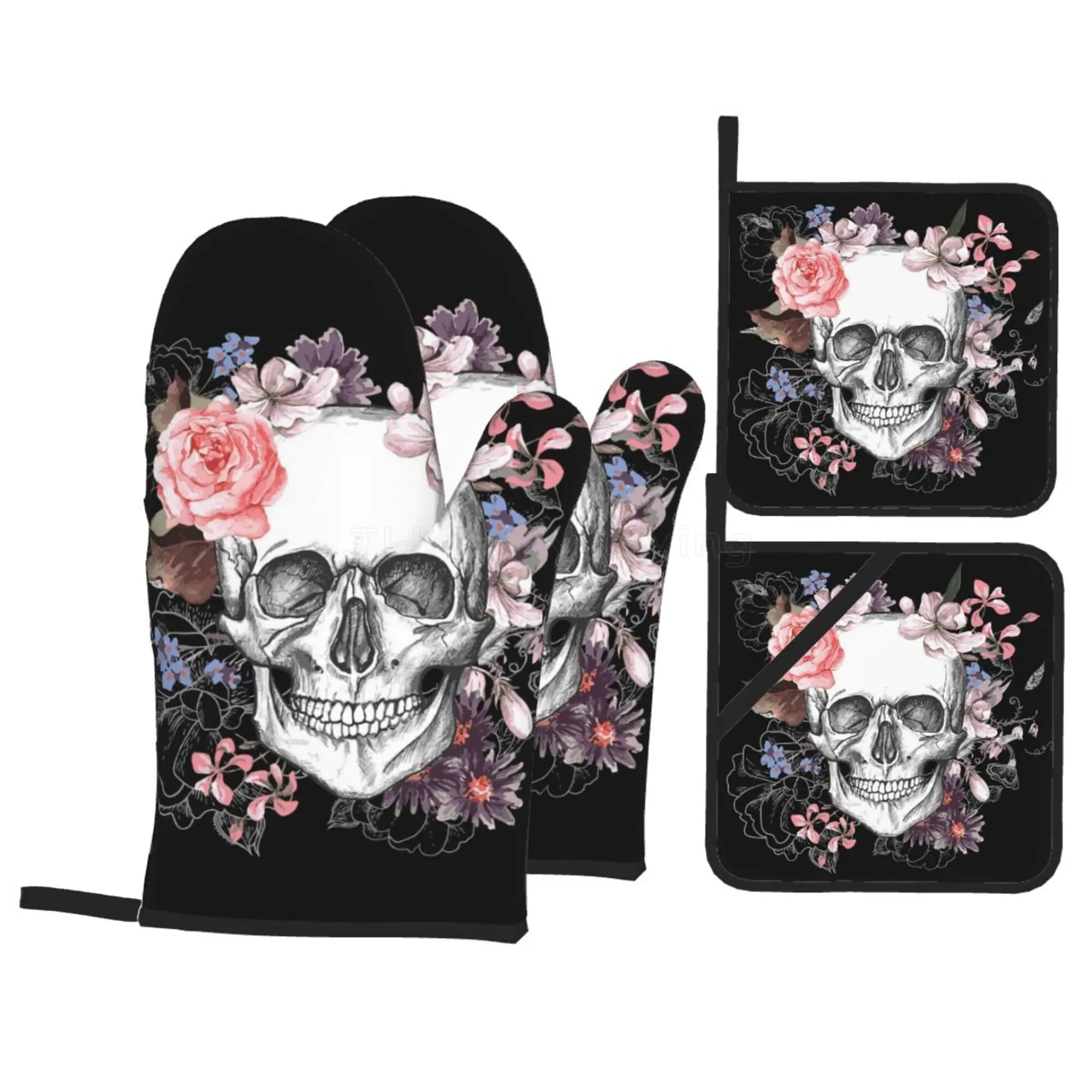 

Halloween Skull and Flowers Day of The Dead Oven Mitts and Pot Holders Sets Heat Resistant Non-Slip Gloves for Baking Grilling