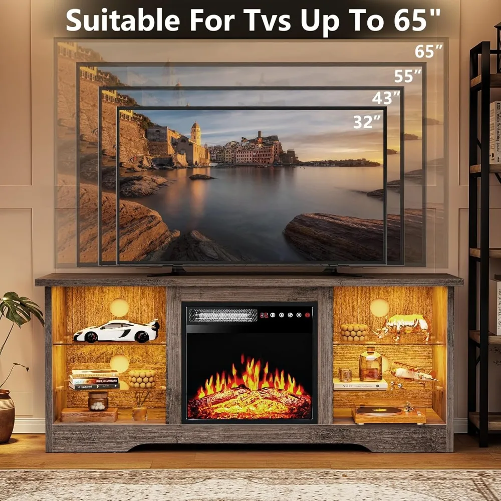 Fireplace TV Stand with 18''Fireplace, Modern Entertainment Center for TVs up to 68 inch, Media TV Console with Adjustable Glass 5