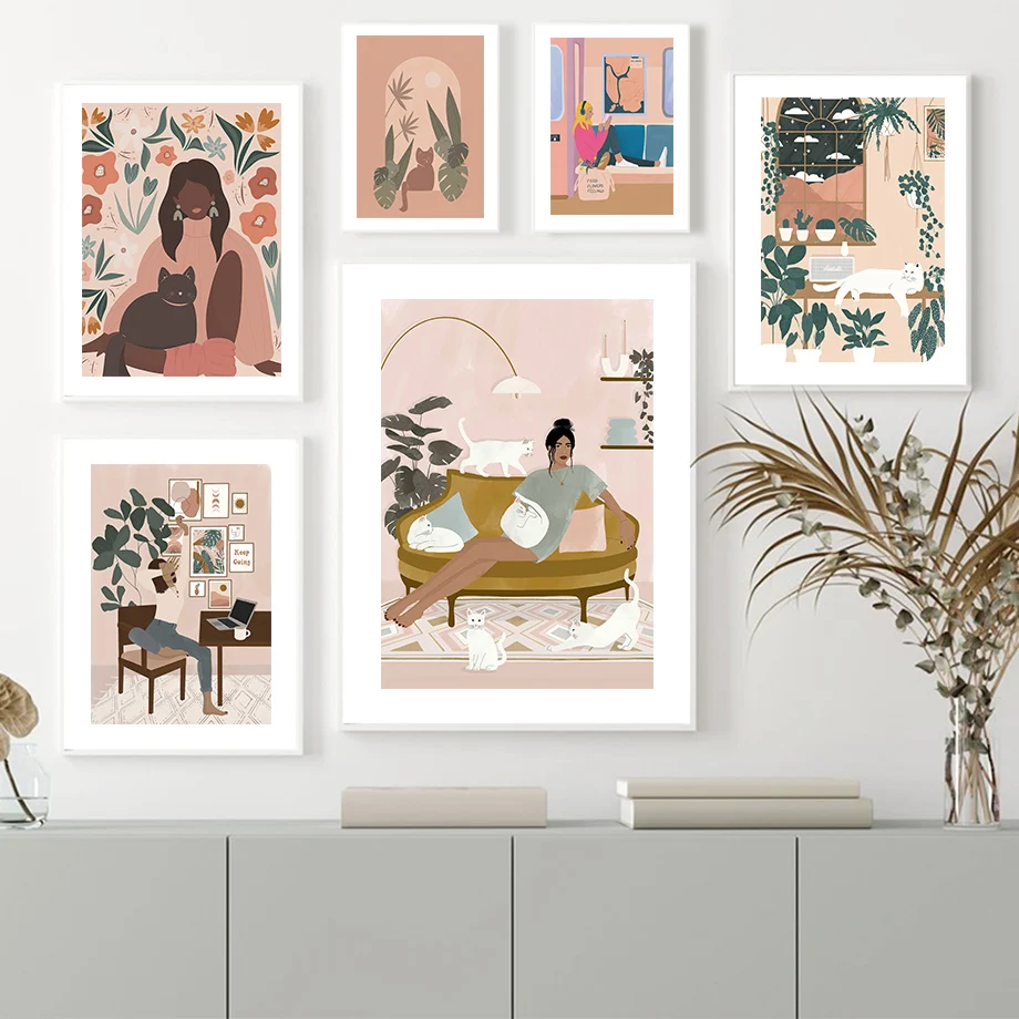 Boho Woman Cat Monstera Bedroom Abstract Wall Art Canvas Painting