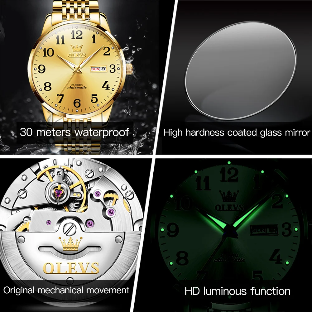 OLEVS Fashion Gold Mechanical Watch for Men  Stainless Steel Waterproof Week Date  Business Mens Wristwatch Relogios Masculino