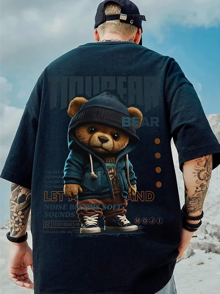 Camiseta con estampado gráfico de oso de High Street para hombre, camiseta de gran tamaño con cuello redondo de hip hop, camiseta informal de verano para hombre, camiseta Y2K