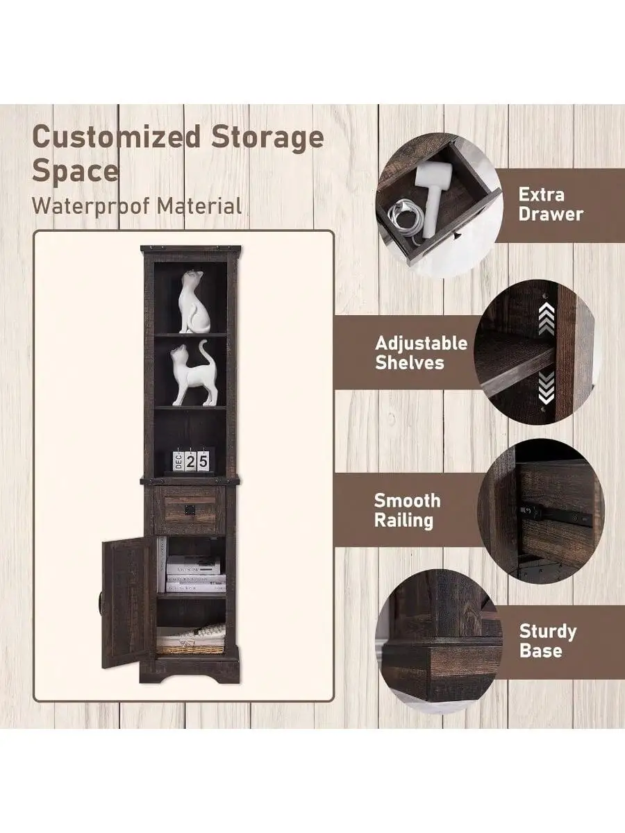 OKD Farmhouse Storage Cabinet with Adjustable Shelves and Storage Drawer Tall Linen Tower for Bathroom and Living Room D 5