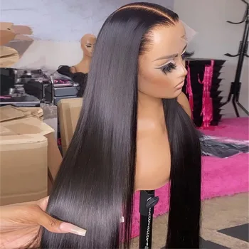 Black Straight 180% Density 13X4 HD Lace Front Wigs Synthetic Wig Preplucked Baby Hair Bleached Knots 180% Density Glueless Wig