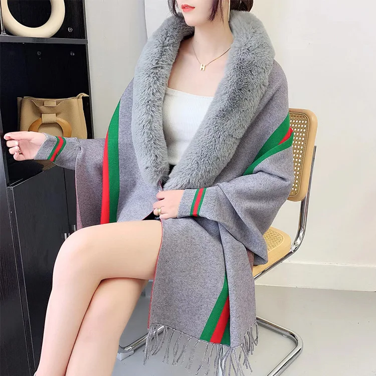 Autumn Winter New Imitation Wool Collar Knitted Shawl Women Warm Tassels Fashion Street Poncho Lady Capes Gray Cloaks autumn multi pocket spliced jeans men s embroidery scratched high elastic leg pants worn 3d wool zipper slim fit gradient street