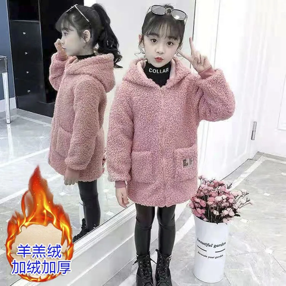 

Girls' Lamb Down Coat Autumn Winter Mid-Length Version Thickened Warm Hooded Zipper Letter Print 2023 Korean 5-14 Years Old