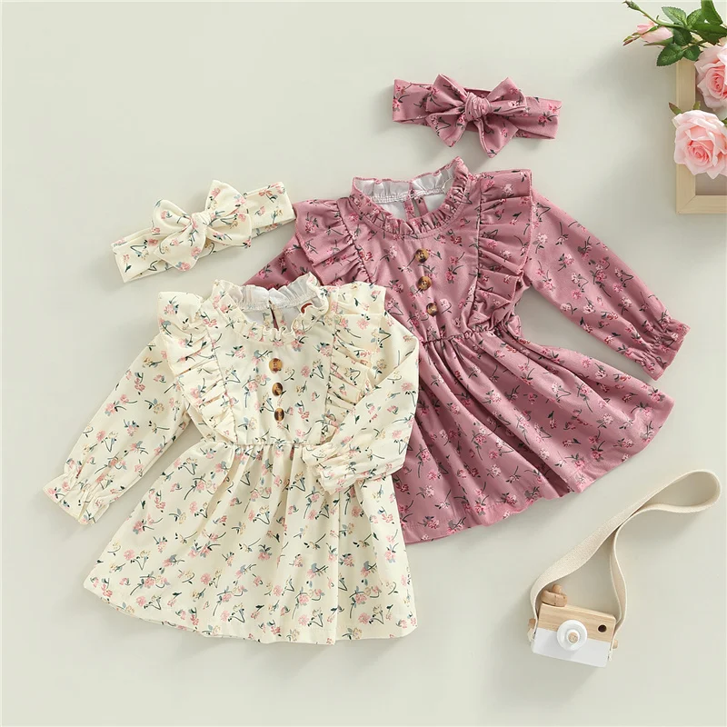 

Blotona Kids Baby Girls Flower Print Dress with Headband, Long Sleeve Crew Neck Button Embellished A-Line Dress, 6Months-4Years