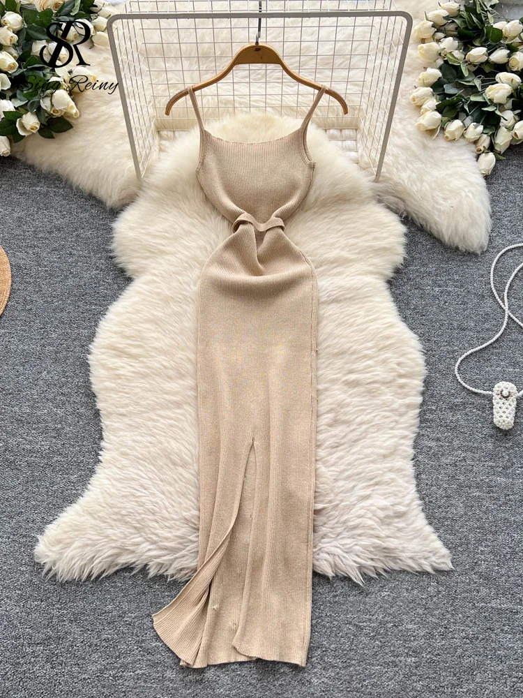 SINGREINY Sexy Knitting Split Long Dress Sleeveless Sequins