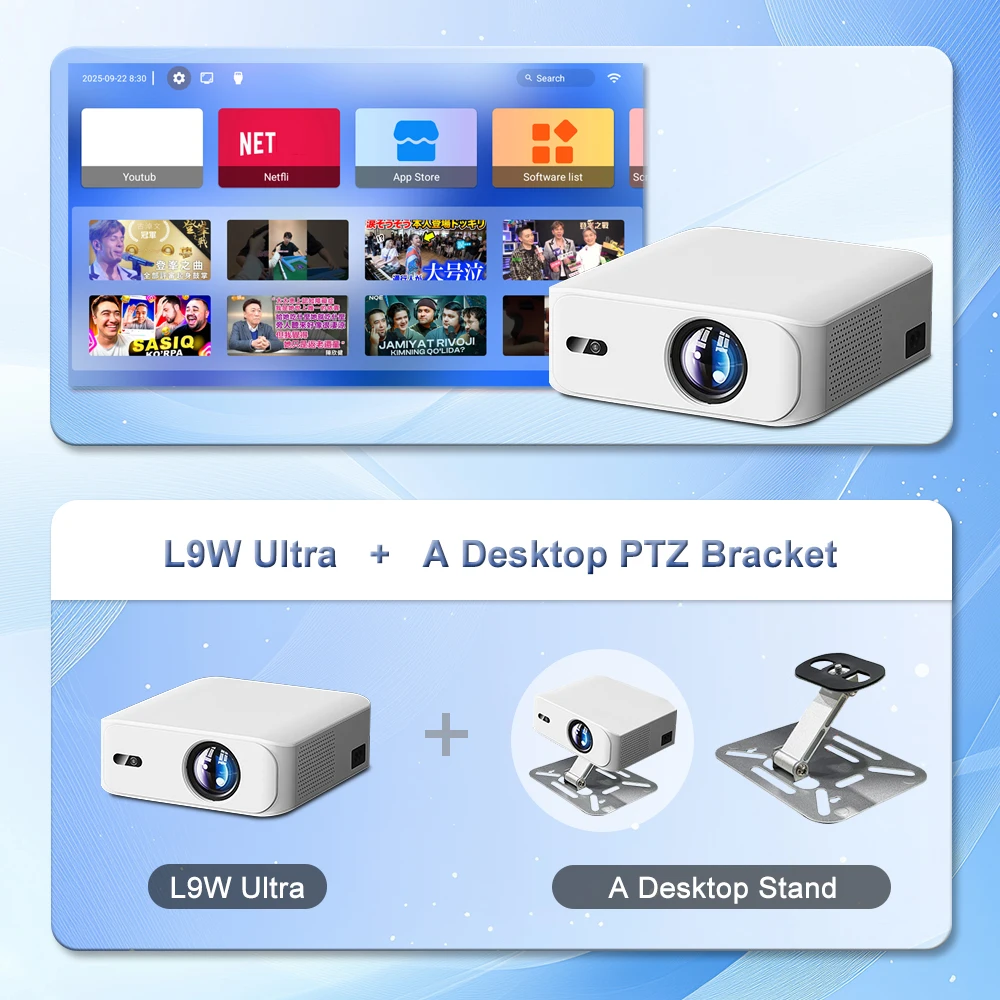 Touyinger L9W 울트라 미니 프로젝터+스탠드 안드로이드 1080P 고화질 오토포커스 1000ANSI 루멘, 홈시어터에 적합