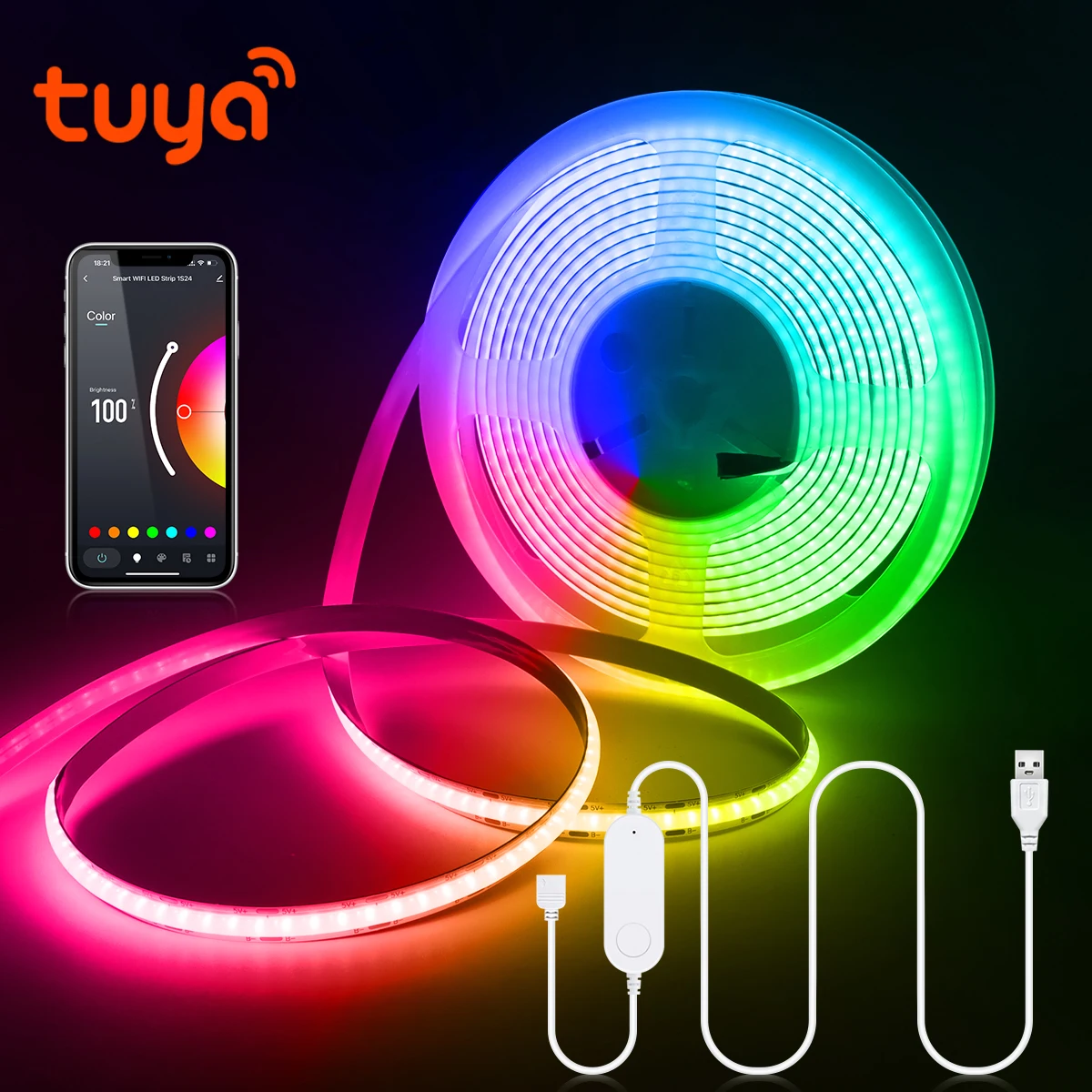 Tuya 스마트 와이파이 RGB COB LED 스트립 조명, 선형 조도 조절 L..