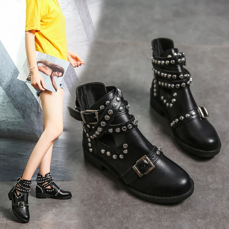 

Punk Style Metal Belt Buckle Locomotive Boots Retro Rivet Square Heel Heightened Knight Boots Large Size Sexy Women's Boots