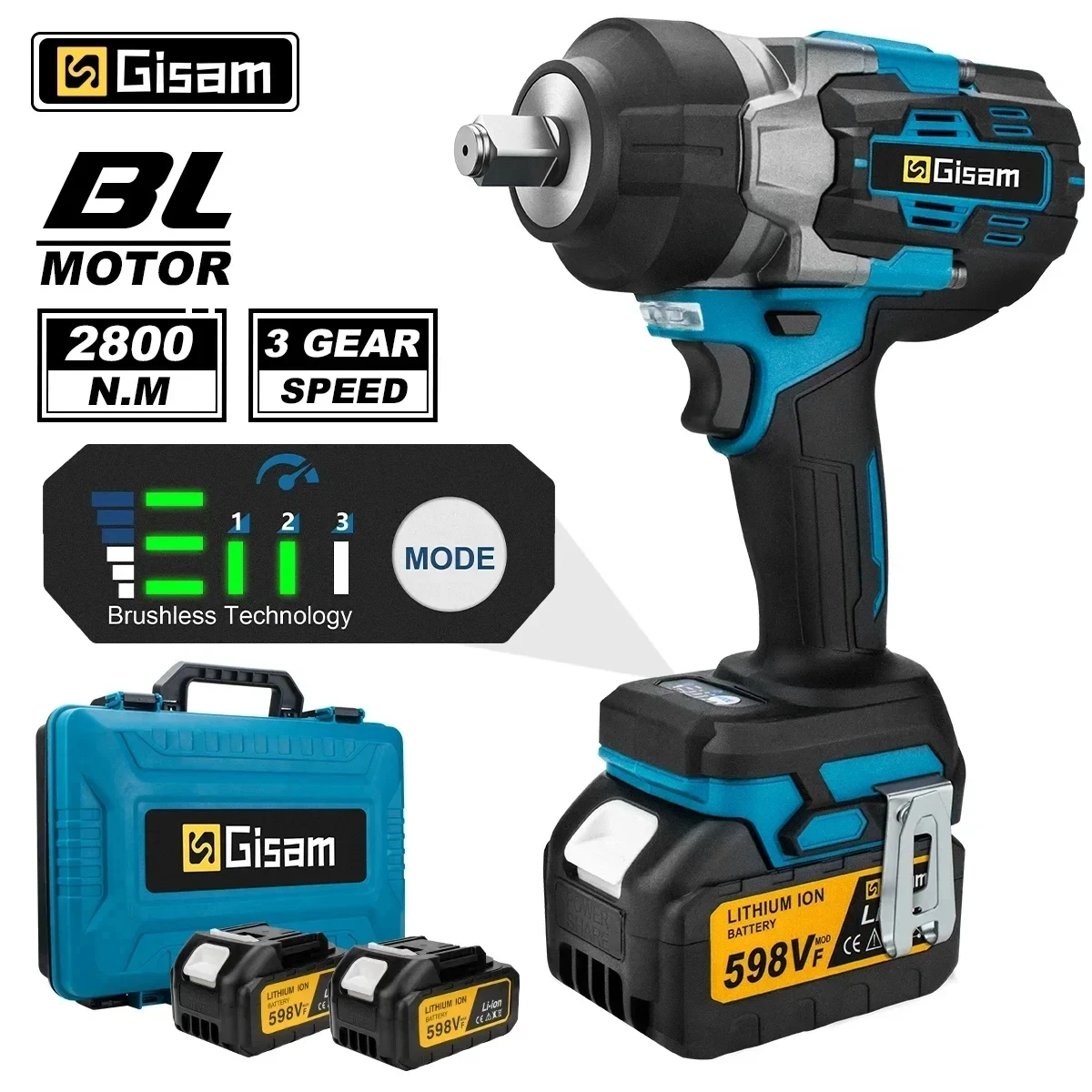 GISAM Brushless Electric Impact Wrench, 2800N.m 1/2 inch cordless wrench, electric screwdriver drill compatible with Makita 18V battery pin