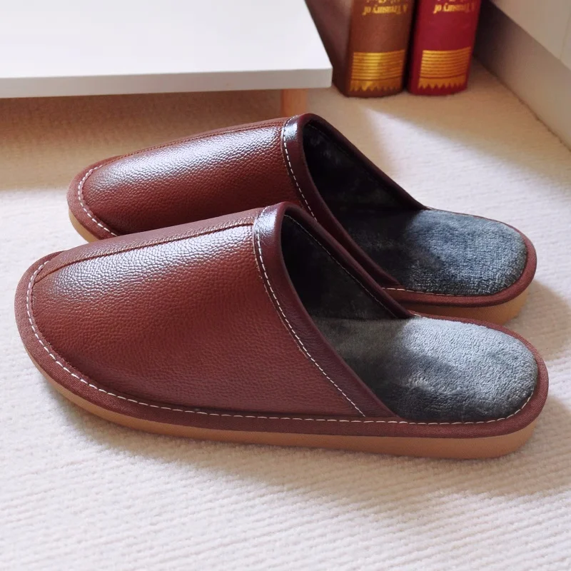 Genuine Leather Women's Indoor Slippers for Winter, Couple's Anti-Skip Warm Household Slippers, Men Casual Home Shoes