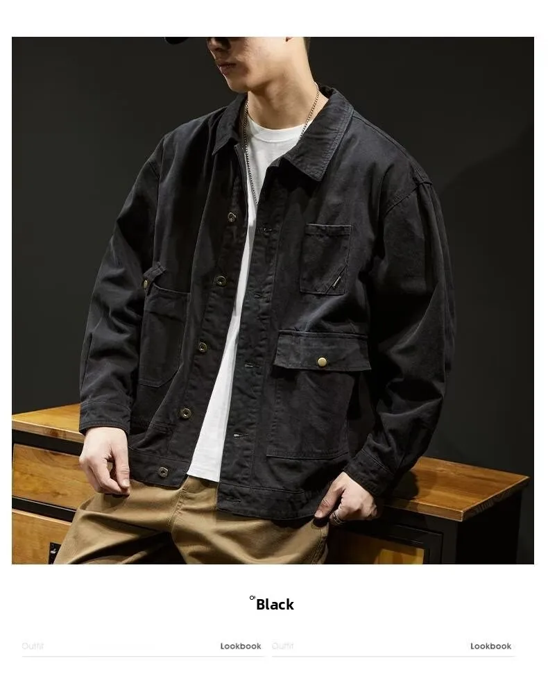 Men's Denim Jacket - Retro Korean Style Casual Workwear Coat with Functional Pockets