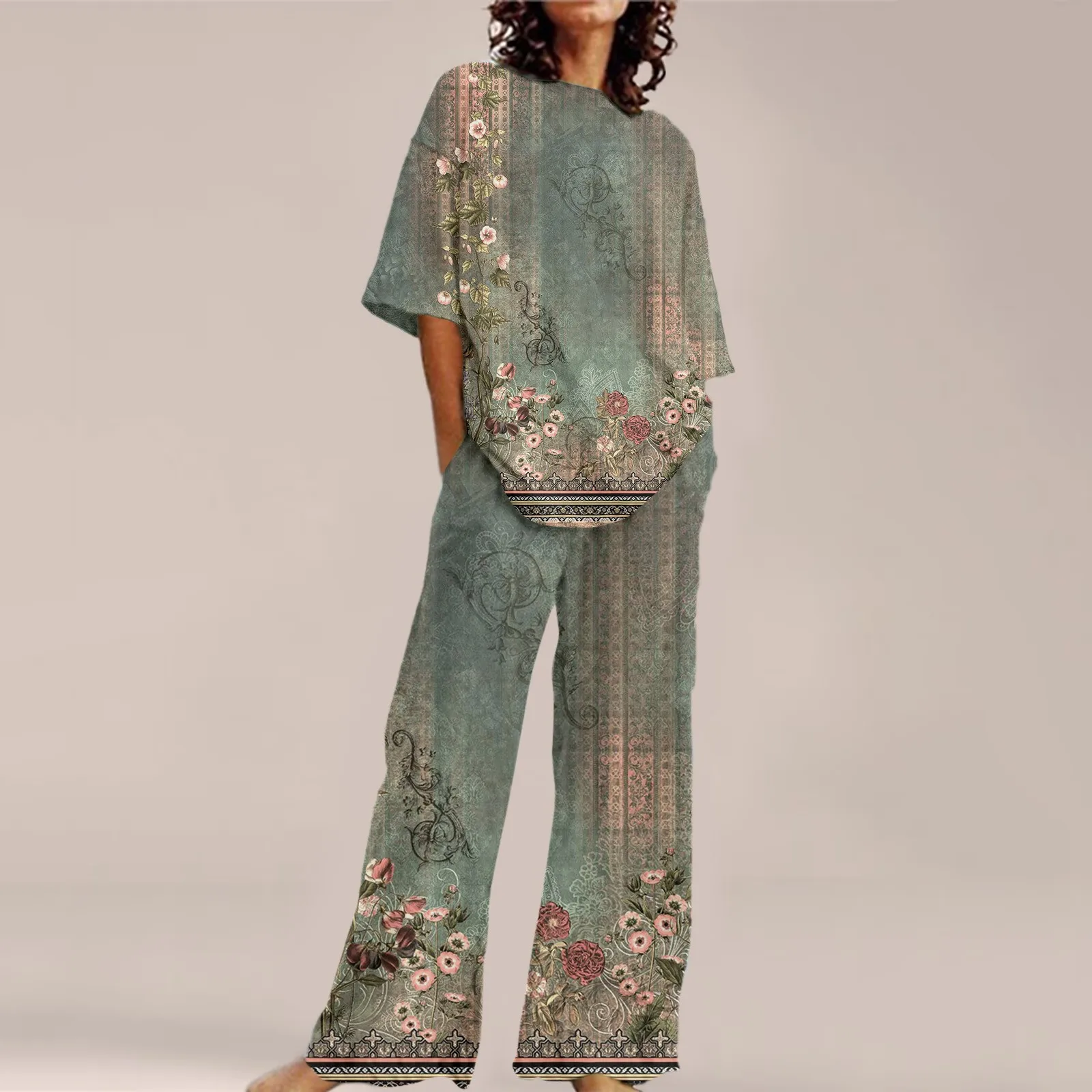 Ensembles Deux-Pièces Fermeture Éclair Col Rond Haut Large Jambe Pantalon