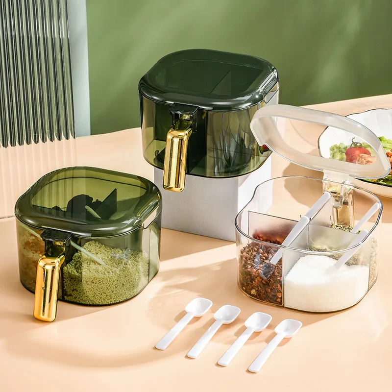 

Plastic Seasoning Box with Spoons Kitchen Condiment Sugar Salt Storage Container Case Pepper Pot Home Herb Spice Jar Organizer