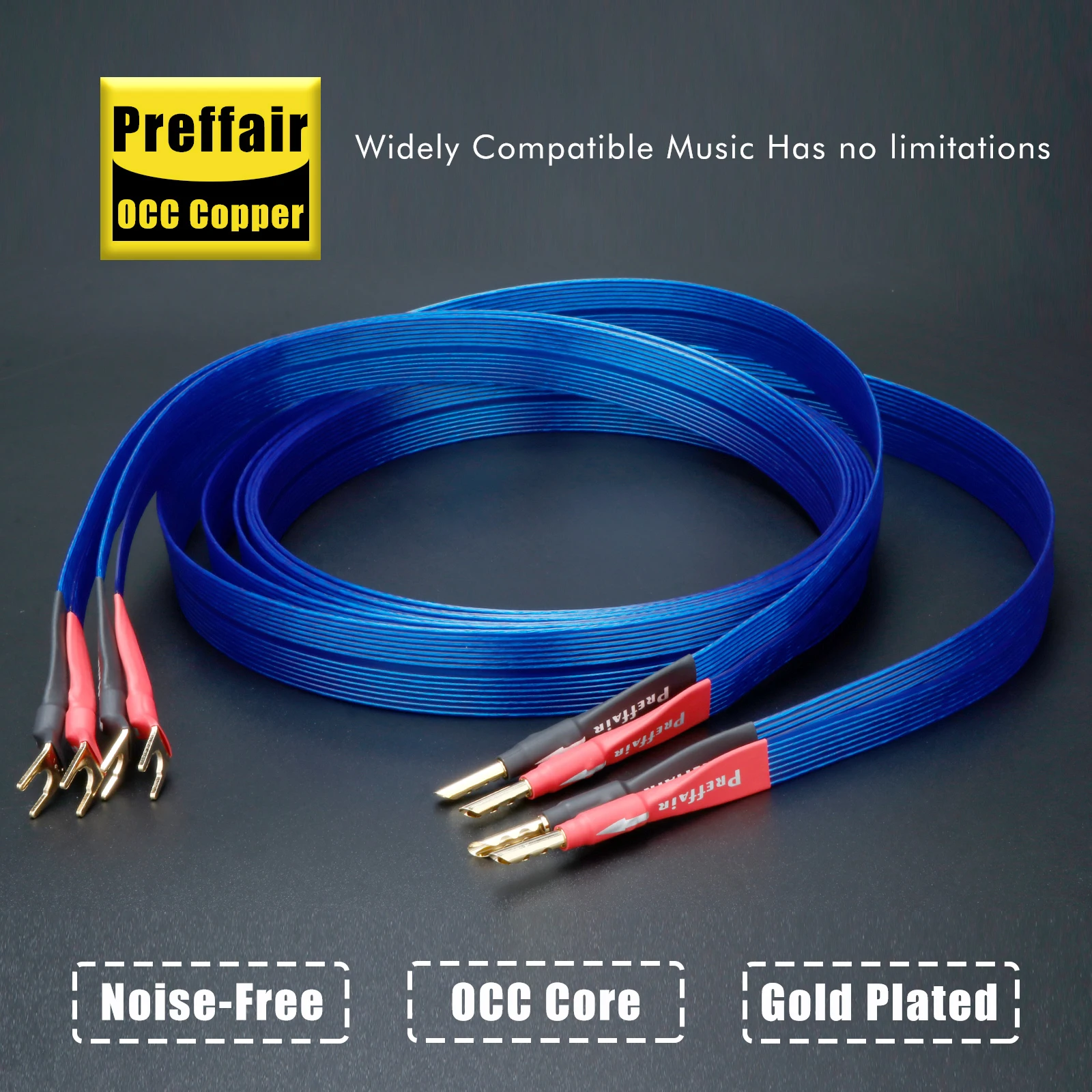 Pair OCC Speaker Cable Blue Ribbon Horn Banana Y Plugs Cable flat belt structure for Speaker Amplifier High fidelity sound