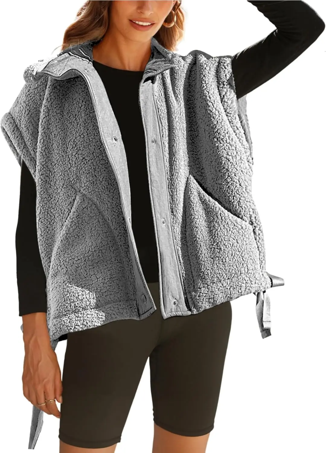 Women's Fuzzy Fleece Vest Oversized Sleeveless Sherpa Jacket Warm Button Down Gilet Outerwear with Pockets - Image 4