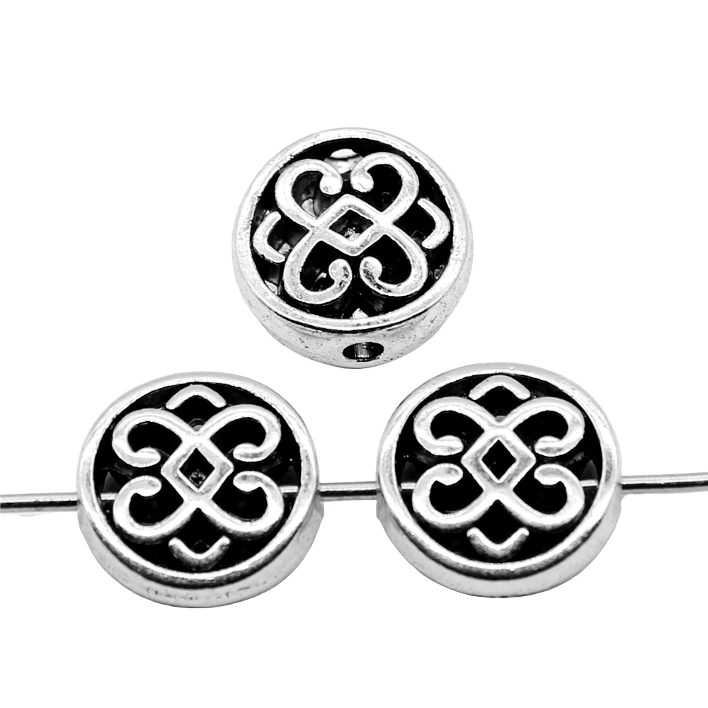 WYSIWYG 10pcs 10x10mm 라운드 꽃 스페이서 비즈 골동품 실버 컬러 루즈 비즈 쥬얼리 만들기 팔찌 DIY 수제 공예