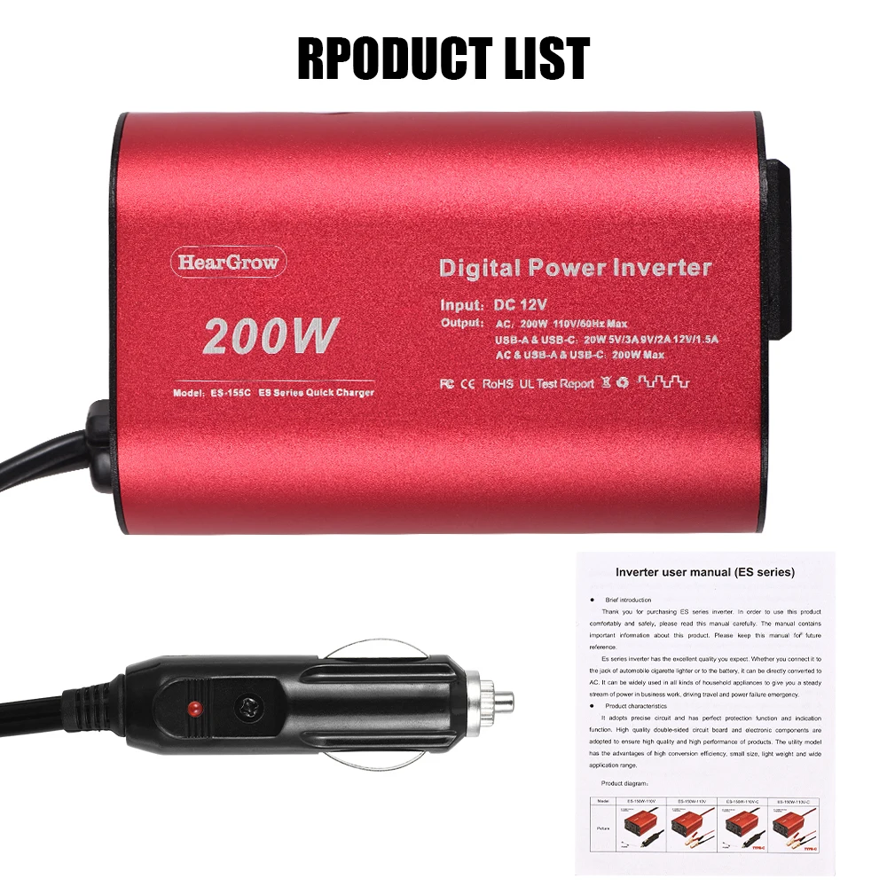 200W 전원 인버터 12V 110V AC 자동차 플러그 어댑터, 전화 노트북 담배 라이터 콘센트 컨버터, USB C 타입 자동차 충전기 포함