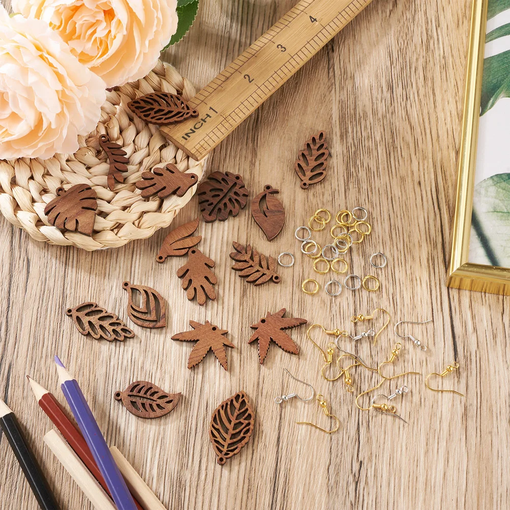 1 Box Natural Wood Pendant Earrings Leaf Geometry Shape Wooden Dangle Charms with French Ear Hook Jump Ring DIY Jewelry Making