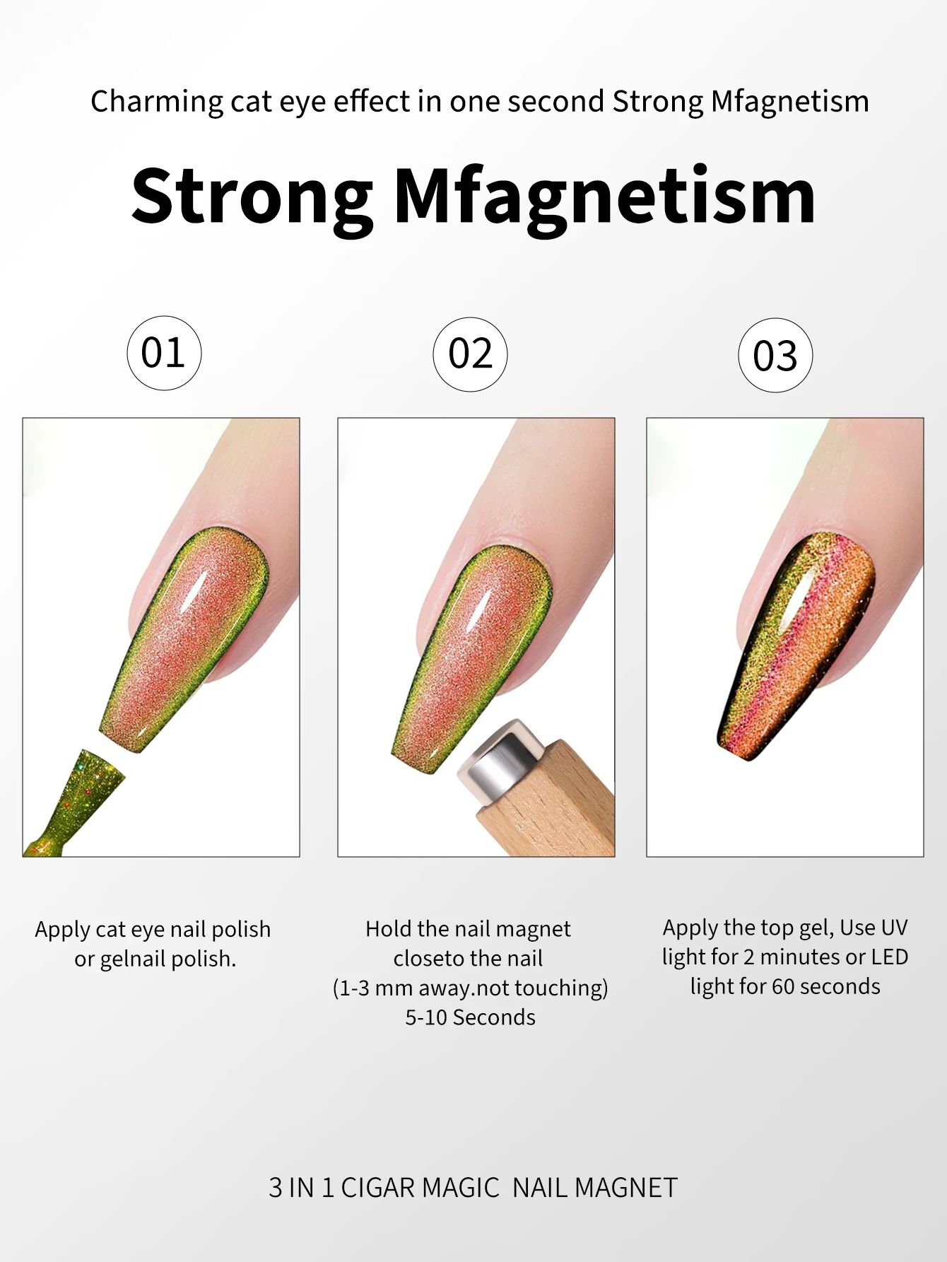 3 In 1 Nail Magnet, Cat Eye Gel Nail Polish Magnet with Octagonal Mahogany Shell Protective Cover for Cat Eye Art Design