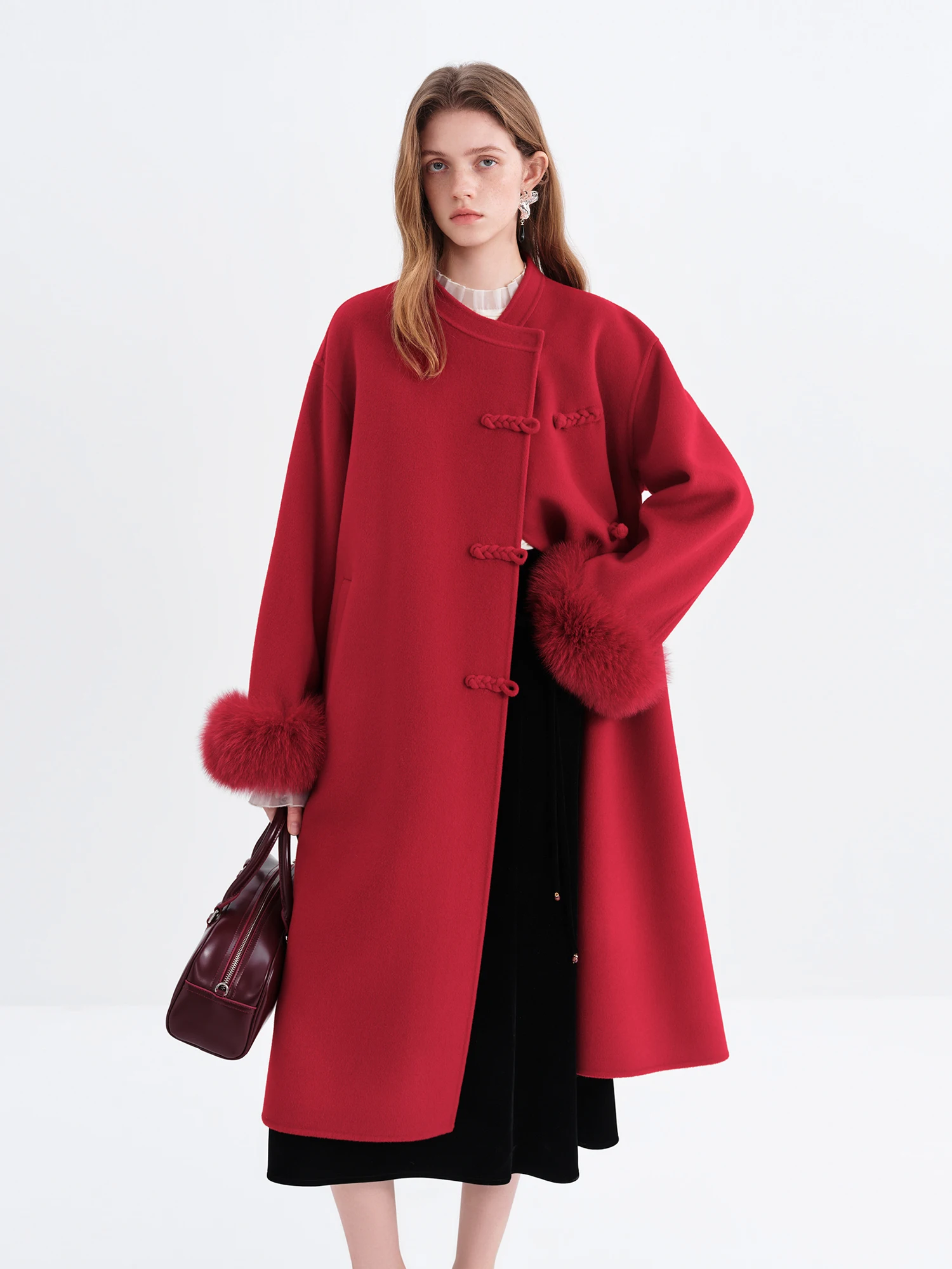chinese dress ladies Red Double Breasted Belted Long Wool Blend Coat Xs