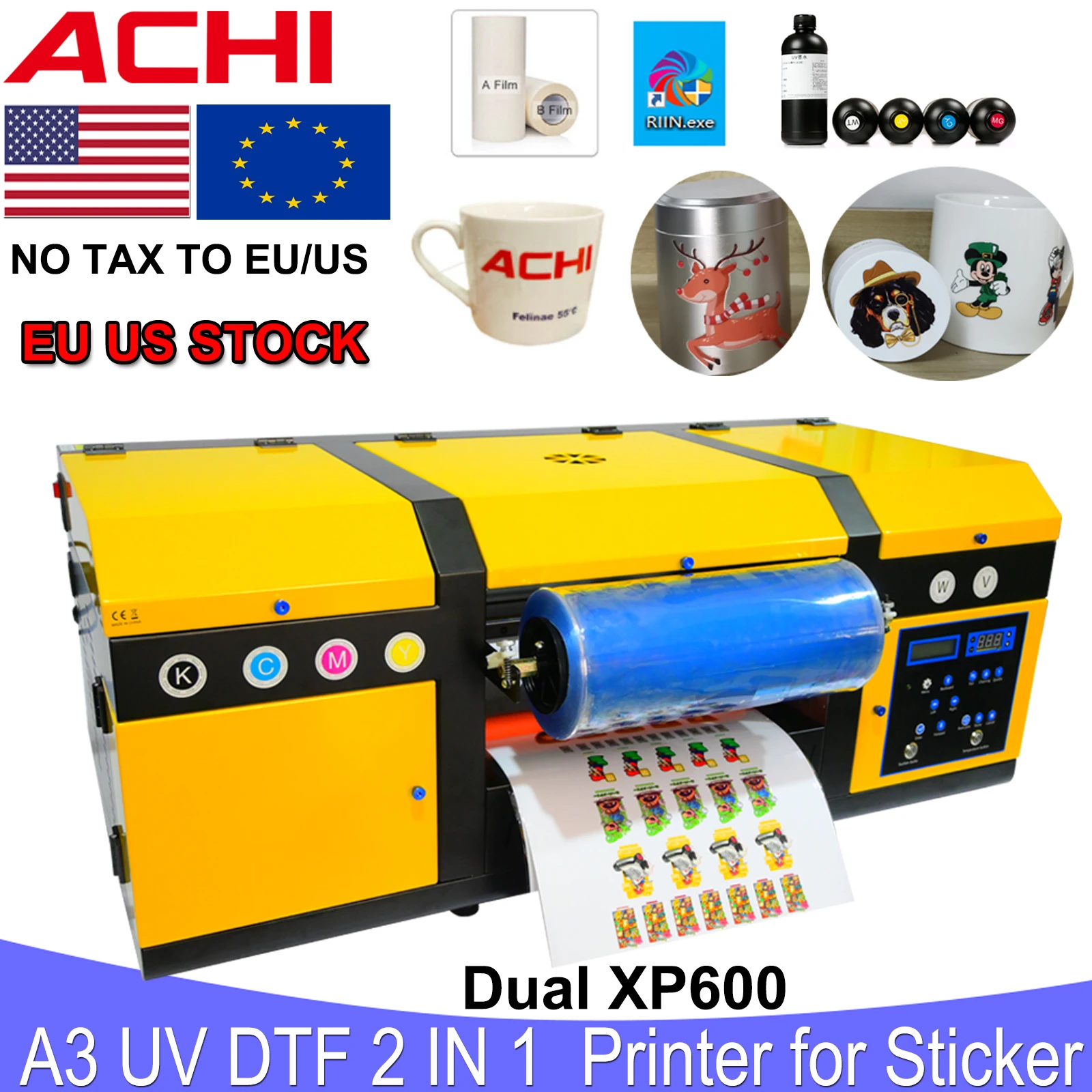 ACHI-impresora adhesiva A3 UV DTF, doble Software de impresora XP600, película AB, 5x500ML de tinta UV y barniz, disponible en EE. UU.