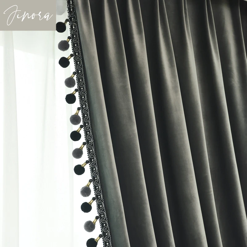 High-end European Velvet Curtains for Living Room Bedroom Solid Color Blackout Velvet Finished Product Customized Fur Ball Lace 4