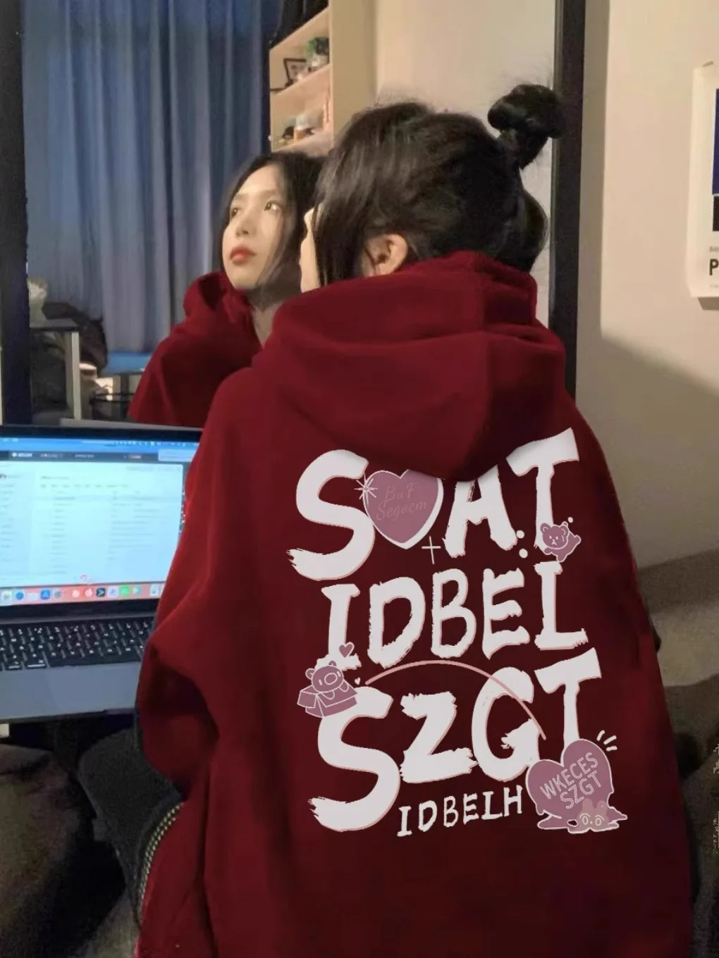 

Premium Sense Burgundy Sweater Women's Padded Thickened Hooded Loose American Retro Oversize Jacket
