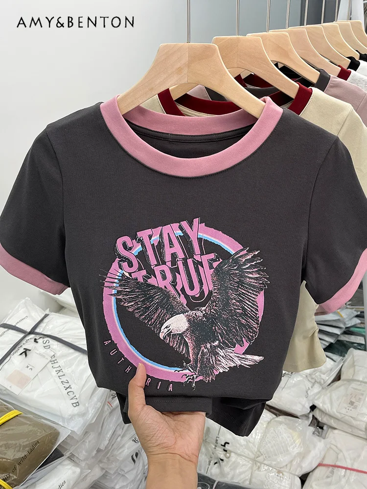 

Retro Chic Sweet Cool Hot Girl Cartoon Graphic T-shirt Elastic Slim Fit Slimming Short Top Short Sleeves T Shirt Women Summer