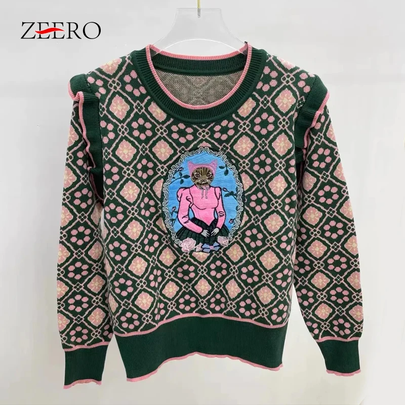 

Fall Winter Vintage Cartoon Jacquard O Neck Knit Sweater Women Long Sleeve Ruffles Jumper Knitted Pullovers Top Sueter Mujer