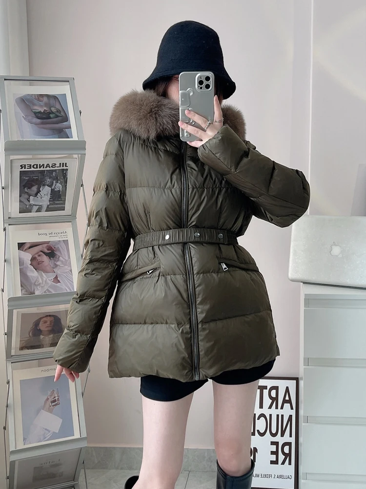 Luxury Women's Fur collar down jacket Warm Solid 2023 Winter Elegant Adjustable waist puffer coat Female outwear INKEO 3O256