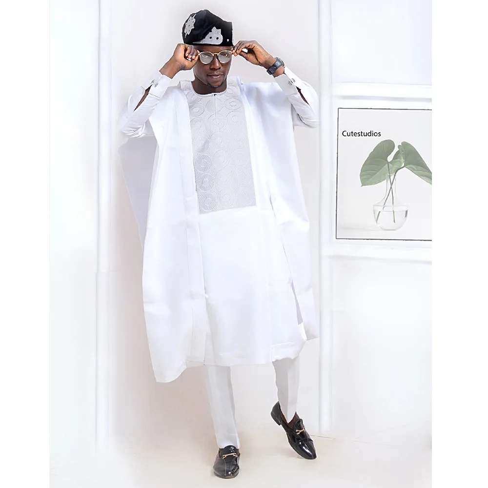 H&D African Clothes for Men High Quality Suit Fabric Embroidery Tradition white Shirt Pants 3 Pcs Set Robe Wedding Party