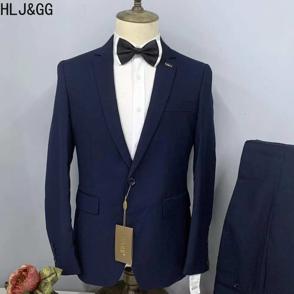 

HLJ&GG Men Suit Jacket Pants Slim Fit Two Peice Sets Fashion Lapel Single Breasted Business Dinner 2 Pcs Suits For Man 2023 New