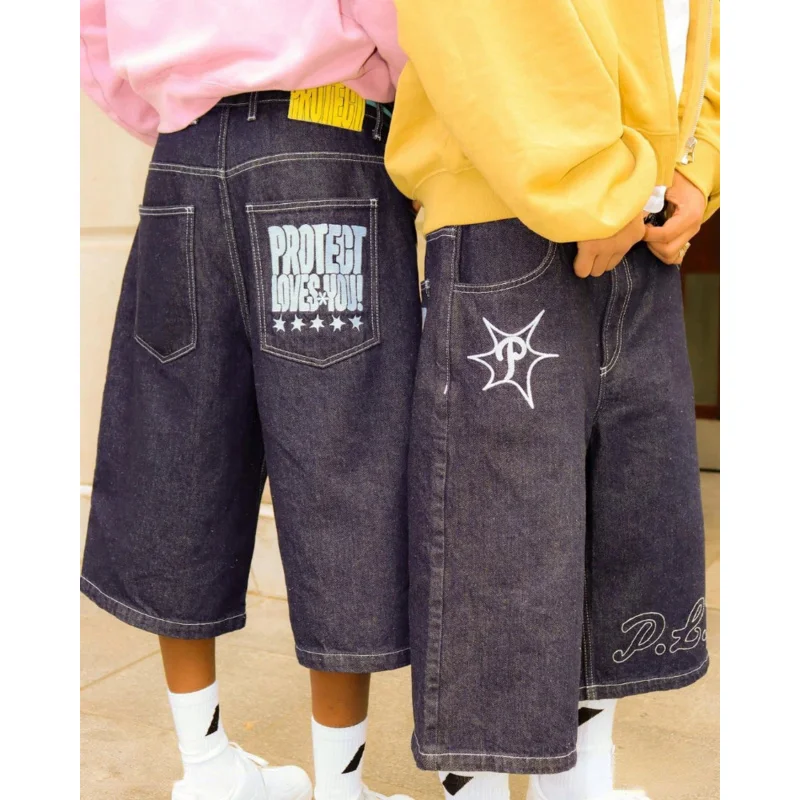 

Y2k Shorts for Men Loose Casual Straight Jean Shorts Hip Hop Punk Denim Gym Shorts Men's Women's Summer Street Black Sweatpants