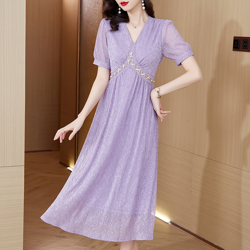 

2023 New Fashion Solid Color V-Neck Dress Women's Summer Versatile Short Sleeve French Loose Fit Casual Vacation Vestidos