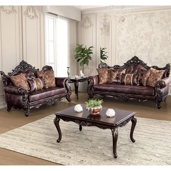 Dark Cherry Faux Leather Sofa Set 4