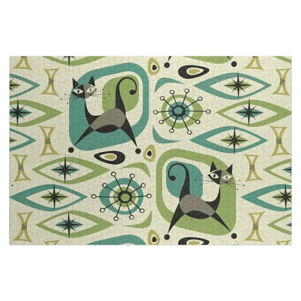 

Mid Century Cat Abstract - Lime and Teal Jigsaw Puzzle Personalized Gift Ideas Wooden Animal Puzzle