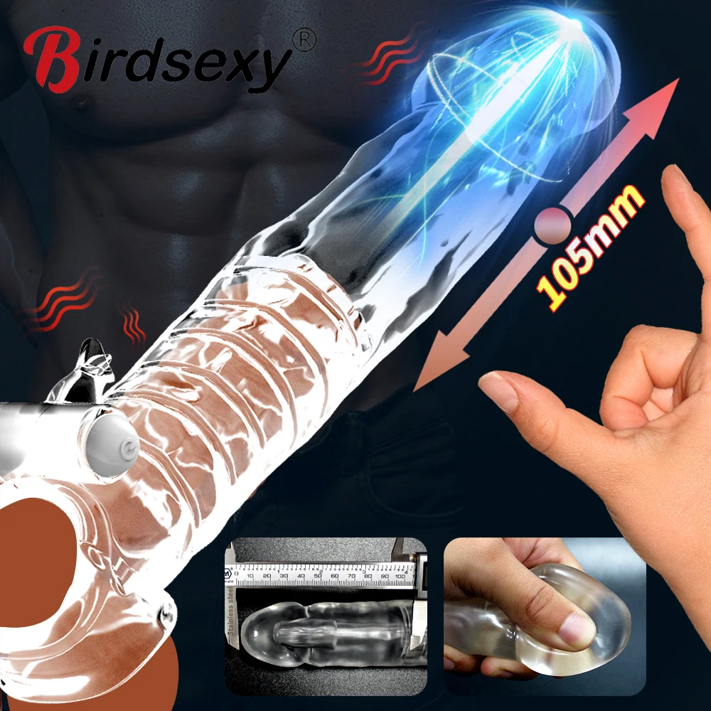 Penis Vibrator For Men Penis Enlargement Sleeve Delay Ejaculation Cock Ring Reusable Condom Extender Adult Sex Toy