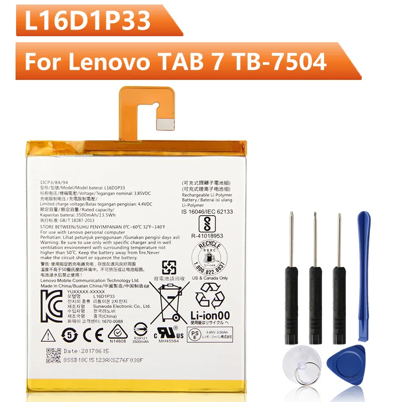 

NEW Replacement Tablet Battery L16D1P33 For Lenovo TAB 7 TB-7504N TB-7504F 7504X Tablet PC Rechargeable Battery 3500mAh